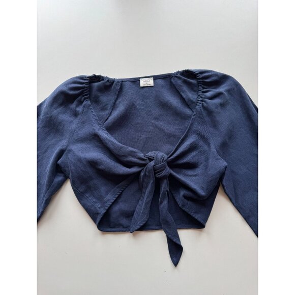 Aritzia WILFRED Venus Navy Blue Linen Blend Front Tie Blouse Top, Size XS - Picture 7 of 11
